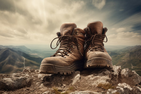 Hiking boots on the top of a mountain in the summer.の素材
