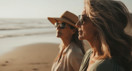 selective focus of stylish women in sunglasses and hats looking away on beachの素材