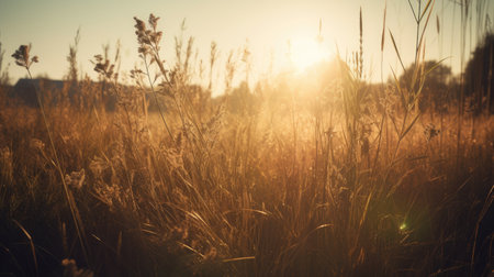Sunset in the meadow with grasses and sunbeamsの素材