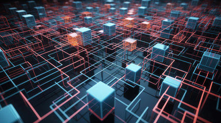 3d rendering of abstract technology background with blue and red cubes.の素材