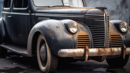 Old retro car in the parking lot, close-up, tonedの素材