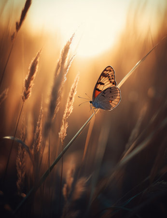 Butterfly on the grass in the field at sunset. Nature background.の素材