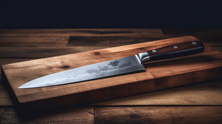 Kitchen knife on a wooden cutting board on a dark background.の素材