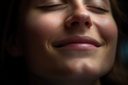 Close-up portrait of a beautiful young woman with closed eyes.の素材