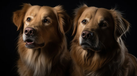 Studio shot of two golden retriever dogs against a black background.の素材