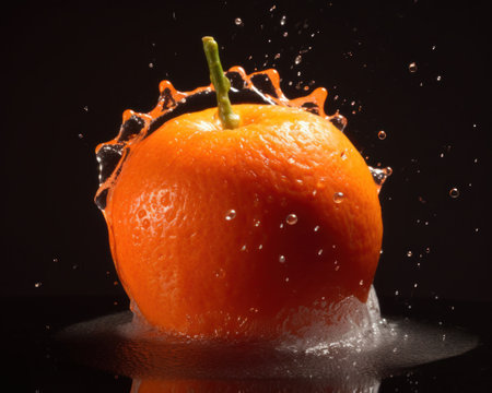 Orange with water splash on black background. Shallow depth of field.の素材