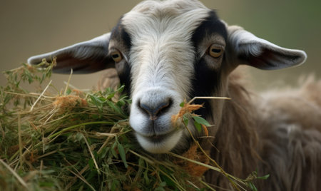Sheep eating grass in the field, close-up of headの素材