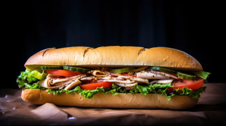 Sandwich with chicken, lettuce, tomato and cheese on a dark backgroundの素材