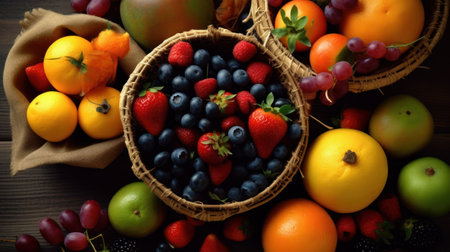 Fruits and berries in a basket on a wooden table. Top view.の素材