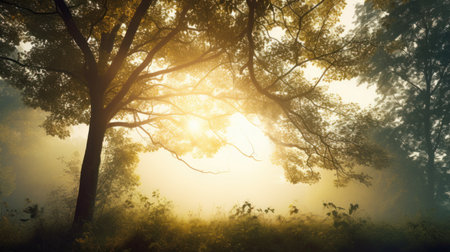 Sunset or sunrise in the forest with fog and sun rays.の素材