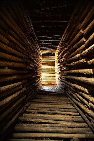 Wooden tunnel in the attic of the old wooden house, close-upの素材
