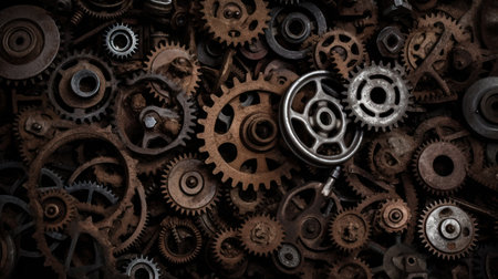 Steampunk background. Old rusty gears and cogwheels on dark backgroundの素材