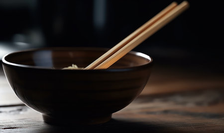 Bowl of noodles and chopsticks on wooden table, closeupの素材