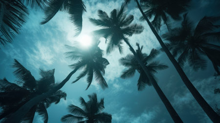 Palm trees silhouettes against blue sky with clouds 3D renderingの素材