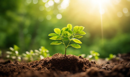 Plant seedling growing from seed in soil on blurred nature backgroundの素材