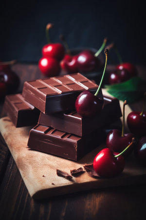 chocolate with cherries on a dark wooden background. tinting. selective focusの素材