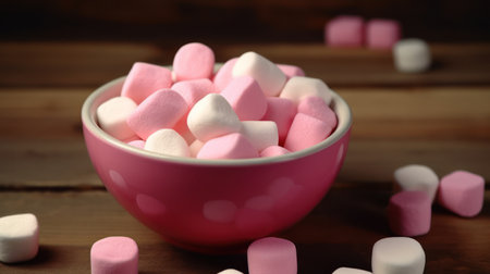 Pink and white marshmallows in bowl on wooden table, closeupの素材
