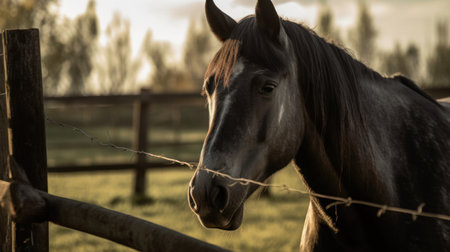Horse in the paddock at sunset. Selective focus.の素材