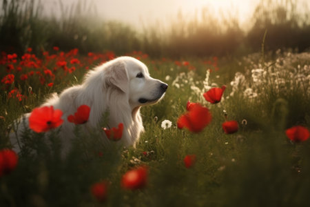 Beautiful golden retriever dog in poppies field at sunsetの素材