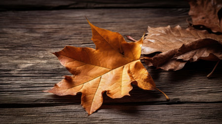 Autumn leaves on wooden background. Fall concept. Selective focus.の素材