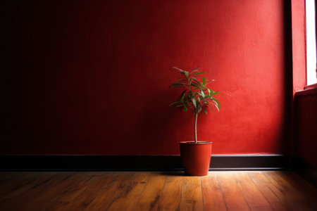 Plant in a pot on the wooden floor with red wall backgroundの素材