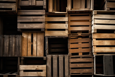 Wooden boxes stacked in a warehouse for transportation and storage of goodsの素材