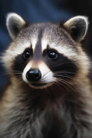 Portrait of a raccoon on a dark background, close-upの素材