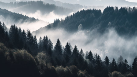 Foggy mountain panoramic landscape with coniferous forest.の素材