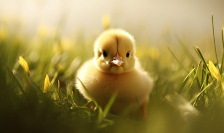 Little yellow duckling on green grass in springtime. Springtime.の素材
