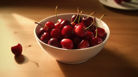 Cherries in a bowl on a wooden table. Selective focus.の素材