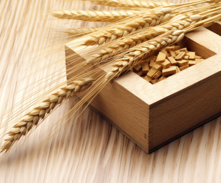 Wheat ears and wooden box on a light background. Shallow depth of field.の素材
