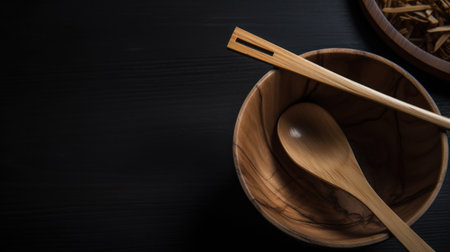 Wooden bowl and chopsticks on black wooden table, top viewの素材
