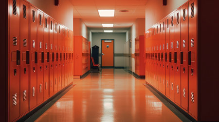 Row of orange lockers in a school corridor. 3d renderingの素材
