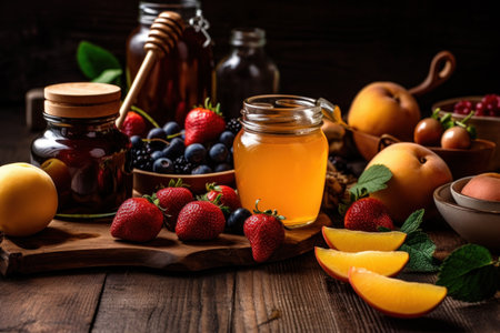 Healthy food background. Assortment of fresh berries, fruits and honey on wooden table.の素材