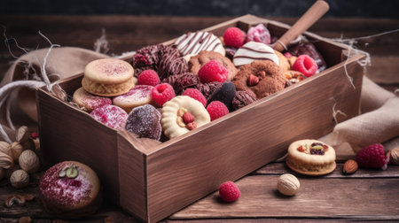 Assortment of delicious cookies in box on wooden table, closeupの素材