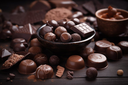 Assorted chocolates on a dark wooden background. Selective focus.の素材