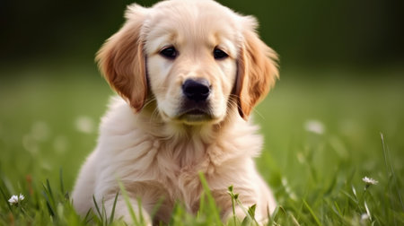 Adorable Golden Retriever puppy sitting in the grass on a sunny day.の素材
