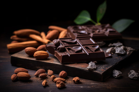 Dark chocolate bars with almonds on wooden background. Selective focus.の素材