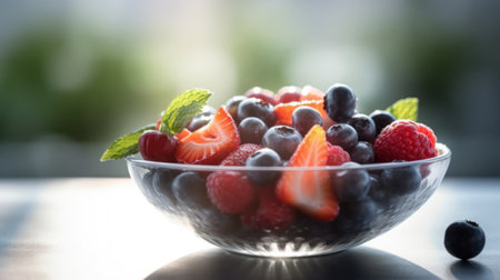 Bowl with fresh berries on table, closeup. Healthy foodの素材