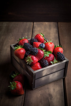 Fresh strawberries and blackberries in a wooden box on a wooden backgroundの素材