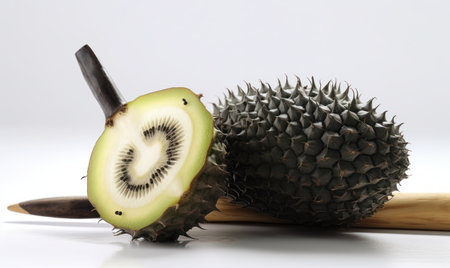 Kiwi fruit and durian on white background. Isolatedの素材