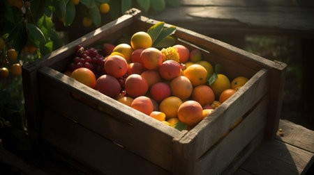 Fresh fruits in a wooden box on a wooden table in the gardenの素材