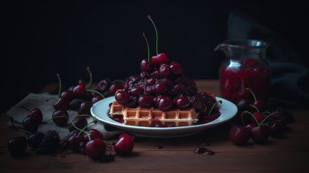 Belgian waffles with cherries on a wooden background. Toned.の素材