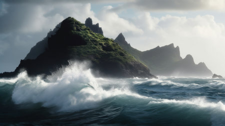 Beautiful seascape with cliffs and waves. Panoramic imageの素材