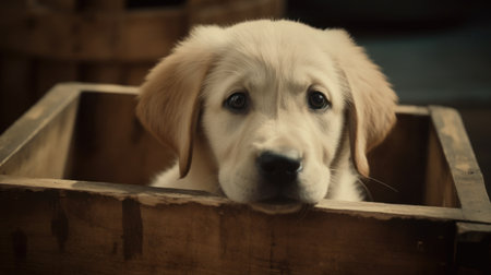 Golden Retriever puppy in a wooden box. Selective focus.の素材