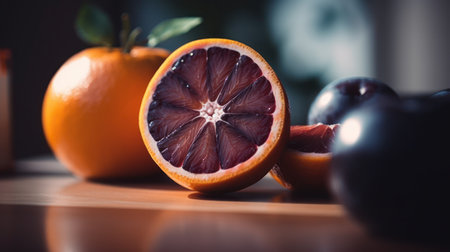 Sliced orange and plums on a wooden table in the kitchenの素材