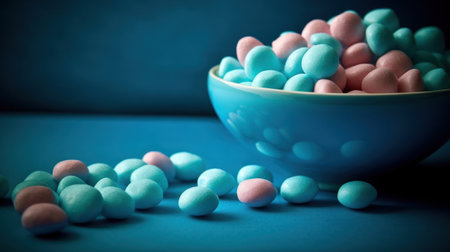 Colorful candies in a bowl on blue background. Toned.の素材