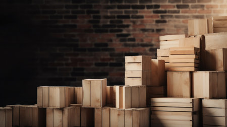 Stack of wooden boxes on a brick wall background. 3d renderingの素材