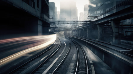 Train tracks in motion blur with cityscape in the background, Hong Kong.の素材