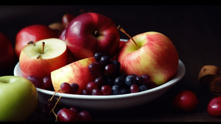 Apples and grapes on a plate on a dark wooden background.の素材